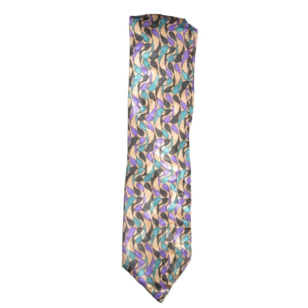 Martin Wong Screenplay Neck Tie Necktie Silk Abstract Purple Teal Black Tan 57"